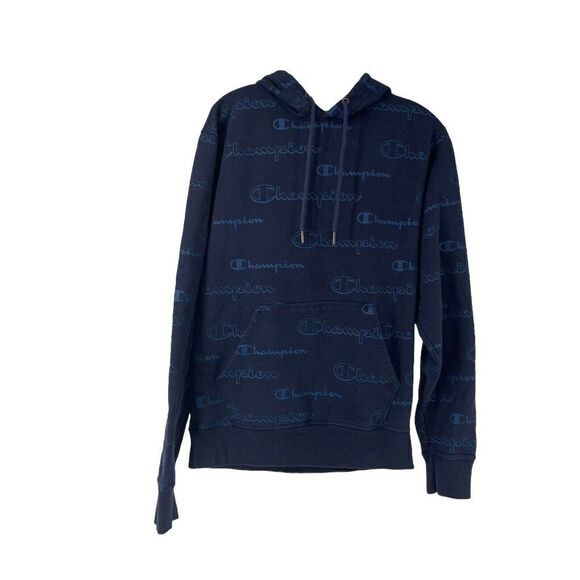 Champion Hoodie All Over Spellout Logo Navy Blue Pullover Top Womens Size Small - Picture 1 of 6